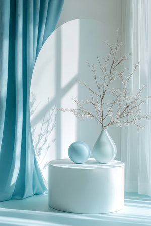 A podium in clean white with pastel blue curtains, lightly illuminated with soft, natural light, offering a tranquil and elegant product display.の素材
