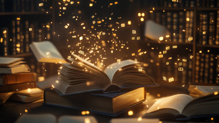 A podium surrounded by open books and glowing letters, creating a magical reading scene for Book Lovers Day.の素材