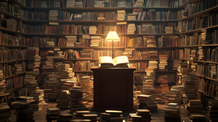 A podium surrounded by tall stacks of books, a reading lamp, and a peaceful library setting, celebrating Book Lovers Day.の素材