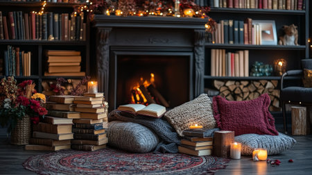 A podium surrounded by soft pillows, cozy blankets, and stacks of books, with a fireplace and warm lighting for a relaxing Book Lovers Day display.の素材