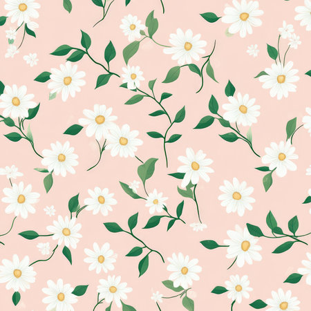 A repeating flat design pattern of tiny white daisies and green leaves on a soft blush pink background, for a feminine and delicate feel.の素材