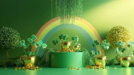 A podium with green and gold garlands, shamrocks, and pots of gold, set against a bright rainbow for a lively Saint PatrickÃ¢â¬â¢s Day celebration.の素材