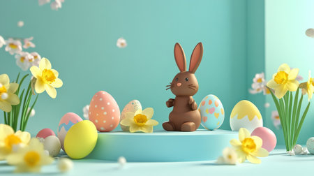 A podium with colorful Easter eggs, daffodils, and a cute chocolate bunny, celebrating Easter in a bright spring setting.の素材