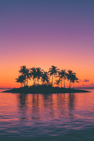 A warm gradient sky transitioning from orange to purple, set against the silhouette of a tropical island and palm trees at sunset.の素材