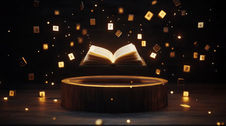 A podium with an open book on a wooden stand, surrounded by floating letters and glowing light, for an enchanting Book Lovers Day display.の素材