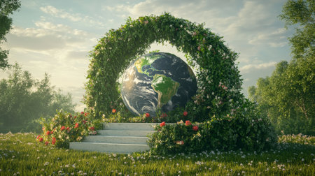 A podium with a large Earth-shaped design, green vines, and floral arrangements, set in a green meadow celebrating Earth Day.の素材
