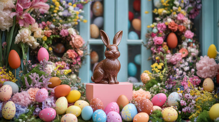 A podium with brightly colored Easter eggs, a chocolate bunny, and floral wreaths, set in a festive spring garden.の素材