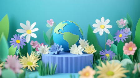 A podium with eco-friendly decorations, Earth-shaped symbols, and colorful flowers, celebrating environmental protection on Earth Day.の素材