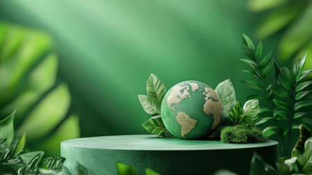 A podium with Earth elements, green leaves, and eco-friendly decorations, celebrating nature and environmental protection on Earth Day.の素材
