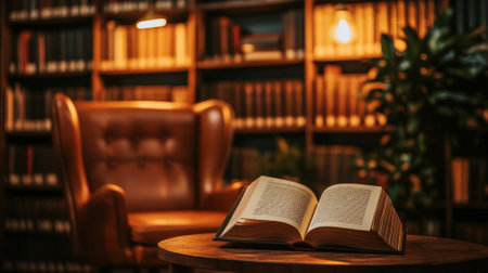 A podium with an open book, warm lighting, and a comfortable chair, set against a peaceful library backdrop for Book Lovers Day.の素材