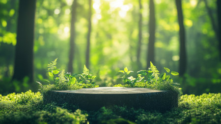 A podium with green foliage, eco-friendly decor, and Earth elements, placed in a forest to celebrate Earth Day.の素材