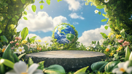 A podium with Earth elements like green leaves, flowers, and blue skies, set in a peaceful natural landscape to honor Earth Day.の素材