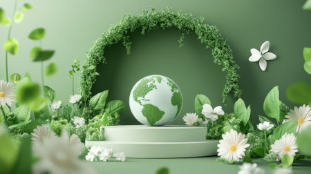A podium with eco-friendly symbols, green vines, and an Earth globe surrounded by flowers, celebrating nature and sustainability on Earth Day.の素材