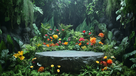 A podium with green foliage, Earth elements, and colorful flowers, set in a lush forest for an Earth Day display.の素材