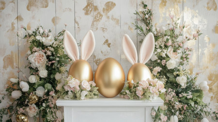 A podium with large golden eggs, soft bunny ears, and floral garlands, perfect for an elegant Easter display.の素材