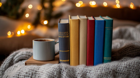 A podium with colorful book covers, a coffee mug, and fairy lights, set in a dreamy, modern reading corner for Book Lovers Day.の素材