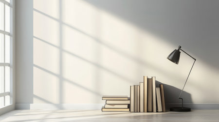 A podium with a modern book collection, a sleek reading lamp, and minimalist decor, set against a bright, airy backdrop for Book Lovers Day.の素材