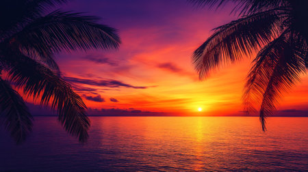 A vibrant tropical sunset with a gradient from orange to deep purple, casting warm hues over a tranquil ocean with palm tree silhouettes in the foreground.の素材