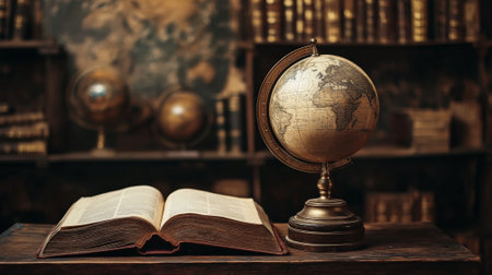 A podium with open books, an antique globe, and a dimly lit study backdrop, creating a scholarly atmosphere for Book Lovers Day.の素材