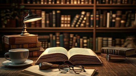 A podium with open books, coffee cups, and reading glasses on a wooden surface, set against a cozy library backdrop for Book Lovers Day.の素材