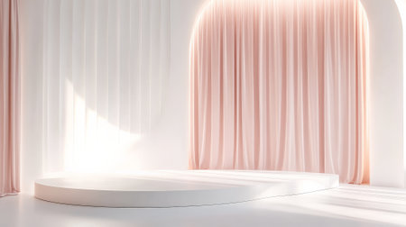 A clean, minimalist white podium with light pink satin curtains, softly backlit for a modern, high-end product presentation space.の素材
