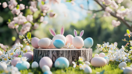 A podium adorned with soft pink and blue eggs, bunny ears, and fresh spring blossoms, set in a sunny garden for Easter.の素材