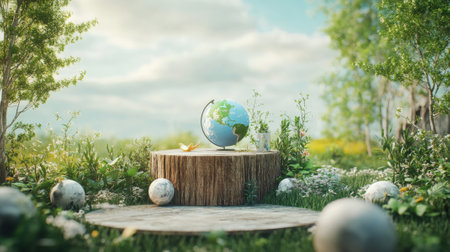 A podium adorned with eco-friendly materials, green plants, and a globe, set in a peaceful meadow to honor Earth Day.の素材