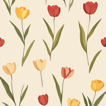 Small flat design tulips in shades of red and yellow, evenly spaced on a soft beige background, creating a simple and classic floral look.の素材