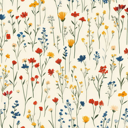 Tiny wildflowers in flat design style in shades of red, yellow, and blue, evenly spaced on a pale cream background, for a charming countryside aesthetic.の素材