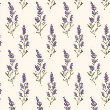 Small lavender flowers arranged in a repeating flat pattern on a light cream background, creating a soft and elegant floral design.の素材