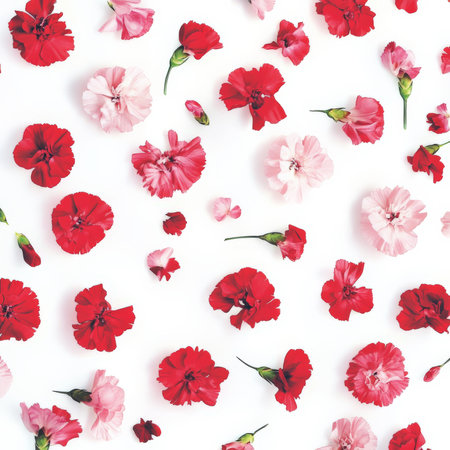 Small flat carnations in shades of red and pink, scattered across a soft white background, creating a light and cheerful floral design.の素材