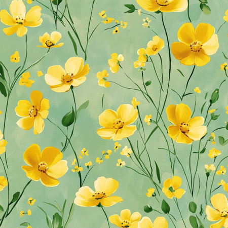 Small flat buttercups in vibrant yellow, scattered across a soft pastel green background, creating a cheerful and fresh floral design.の素材