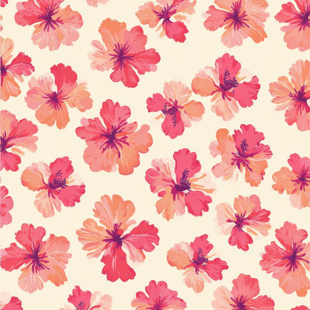 Small flat hibiscus flowers in vibrant coral and pink hues, arranged in a repeating pattern on a soft cream background, creating a tropical and warm vibe.の素材