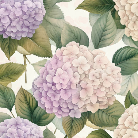 A detailed floral design of small hydrangeas and camellias in pale pink and light lavender, surrounded by delicate green leaves, creating a soft and refined pattern.の素材