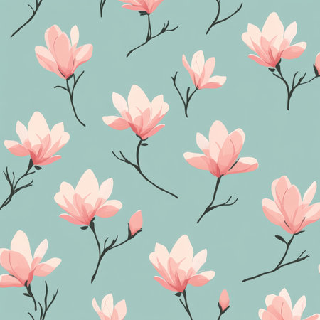 Tiny pink magnolia flowers in flat design style, evenly spaced on a soft light blue background, creating a simple and elegant floral pattern.の素材