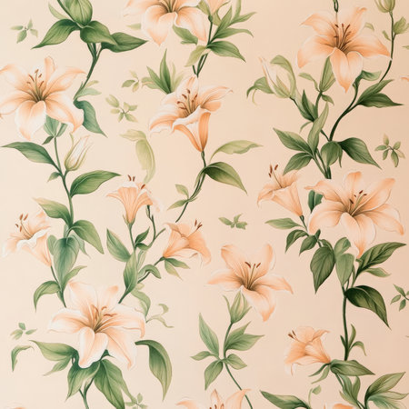 A detailed floral design of small lilies and roses in pastel peach and light pink, surrounded by delicate green leaves, creating a soft and elegant pattern.の素材