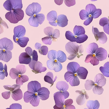 Small flat violets in shades of purple, scattered across a pastel pink background, creating a soft and elegant floral design.の素材