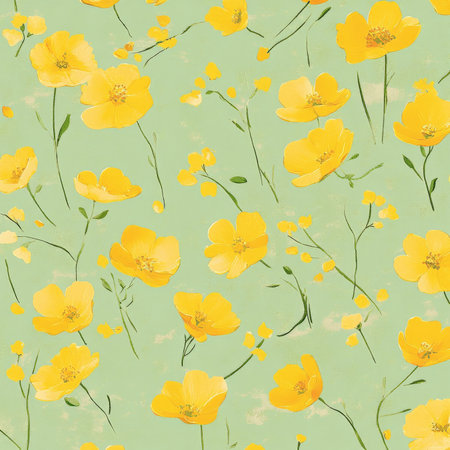 Small flat buttercups in vibrant yellow, scattered across a soft pastel green background, creating a cheerful and fresh floral design.の素材