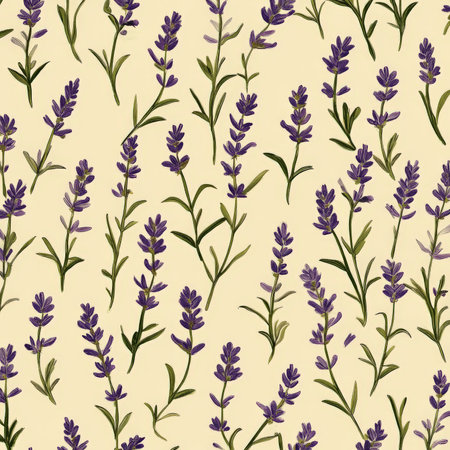 A pattern of small flat lavender flowers with green stems, arranged on a pale yellow background, creating a fresh and elegant floral look.の素材