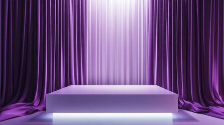 A podium in matte white with royal purple curtains, subtly illuminated for a high-end, elegant product presentation.の素材