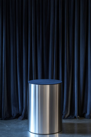 A sleek silver podium with dark navy curtains, offering a clean, sophisticated space for modern product showcases. Soft lighting adds a futuristic feel.の素材