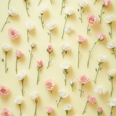 Tiny flat roses in soft pink and white hues, arranged on a pale yellow background, creating a delicate and romantic floral pattern.の素材
