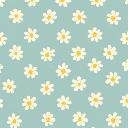 A seamless flat design pattern of tiny daisies in pastel yellow and white, evenly spaced on a soft sky-blue background, creating a cheerful and light floral aesthetic.の素材
