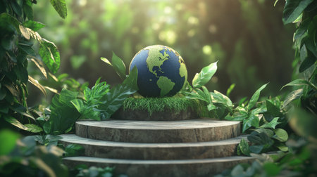 A podium adorned with eco-friendly decorations, Earth symbols, and green leaves, set in a natural environment to celebrate Earth Day.の素材