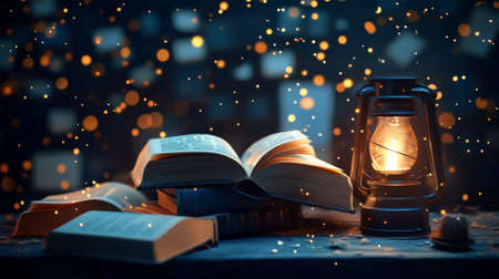 A podium decorated with literary quotes, open books, and a soft, glowing lamp, creating a serene and inspiring atmosphere for Book Lovers Day.の素材