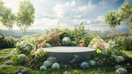 A podium decorated with Earth elements, green plants, and floral arrangements, placed in a peaceful meadow to celebrate Earth Day.の素材