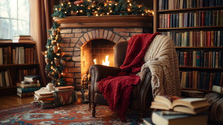 A podium surrounded by colorful books, a cozy chair, and soft blankets, with a fireplace in the background, creating a warm atmosphere for Book Lovers Day.の素材