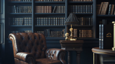 A podium with an antique book collection, brass bookends, and a leather armchair, set in a dark, moody study for Book Lovers Day.の素材