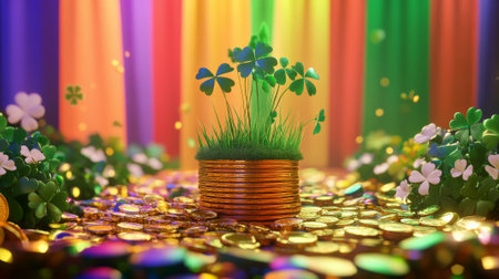 A podium surrounded by Irish flags, shamrocks, and gold coins, celebrating Saint Patrick's Day in a vibrant rainbow-lit setting.の素材