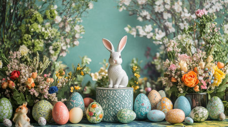 A podium with intricately designed eggs, bunny figurines, and floral wreaths, set against a vibrant garden backdrop for Easter celebrations.の素材